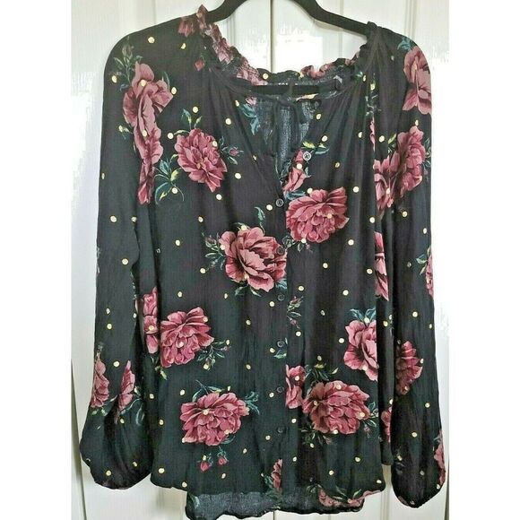 Torrid 1 Tunic Blouse Size 1 Black Pink Floral Button Front Gold Dots 1X 18/20 - Picture 2 of 9